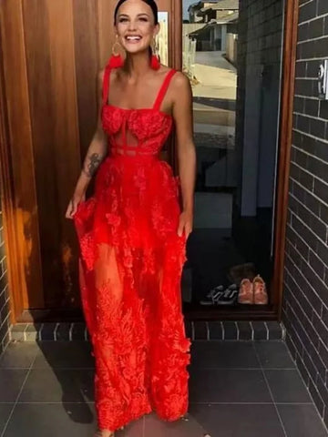 2025 women new sexy red suspender sleeveless slimming mesh style long dress elegant fashion evening party dress