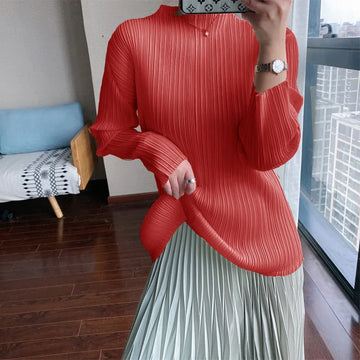 Miyake Pleated Classical Base T-shirt Autumn Winter Women Crop Long Sleeve Tops Korean Fashion Designer Aesthetic Clothes