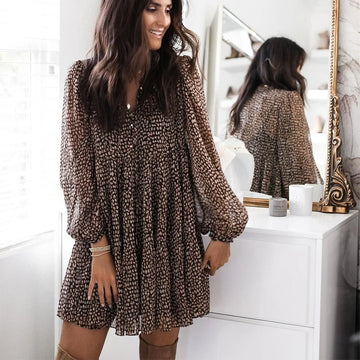 Lantern Sleeve Dot Print Ruffles Women Dress 2025 Casual V-neck Long Sleeve Button Mini Dress Ladies Elegant Party Dress Vestido