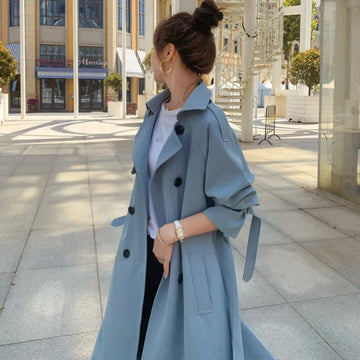 2025 Fashion Women Trench Coat Beige Blue Long Double-Breasted With Belt Spring Autumn Lady Coat Female Korean Loose Outerwear
