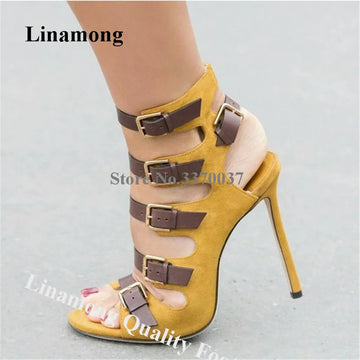 Linamong Western Fashion Open Toe Brown Straps Stiletto Heel Gladiator Sandals Pacthwork Cut-out Buckles High Heel Sandals Heels