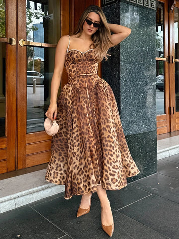 Glamorous Leopard Print Spaghetti-Strap Sleeveless Midi Dress with Crystal Embellishments For Party Evening & Summer Events