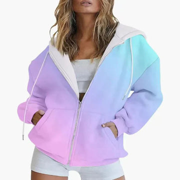 Autumn new gradient 3D digital printed casual long sleeved zipper hooded sweatshirt for women