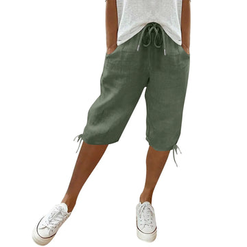 Womens Cotton Linen Five Pants Summer Daily Cool Comfy Tapered Pants Casual Drawstring Elastic Waist Five Half Pants Pantalone