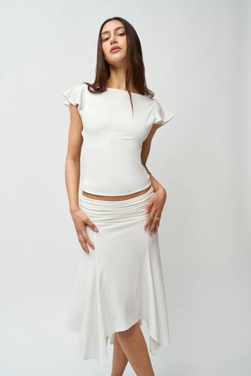 Guizio Pure White Single-Panel Backless Blouse with Frill Edges Short Sleeve Top