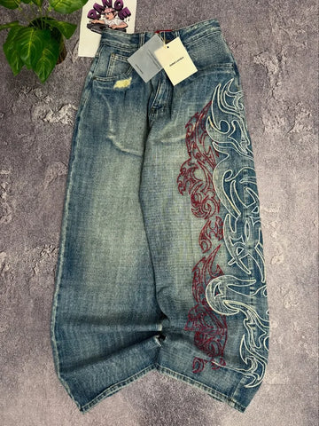 Streetwear New Fashion Big Pattern Embroidered Baggy Jeans Women Y2K Rock Hip Hop Retro Popular Casual High Waist Wide Leg Pants