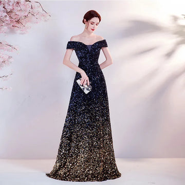 One Shoulder Evening Gown New Gradient Black Annual Party Stage Performance Host Walking Fish Tail Dress for Women 2025