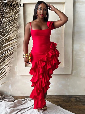 New Trendy Strap Backless Irregular Dress Women's Sexy Sleeveless Ruffled Edge Birthday Evening Party Gowns Prom Club Dresses
