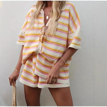 2025 Women's Summer New Style Casual Loose Lapel Hollow Fashion Striped Shorts Set Vacation Single Breakfast 2-piece Shorts Set
