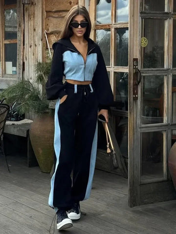 Yaminiya Autumn Spring Summer Hoodies 2 Piece Sets Long Sleeve Zipper Women's Tracksuit New Crop Tops Wide Leg Sport Pants Set
