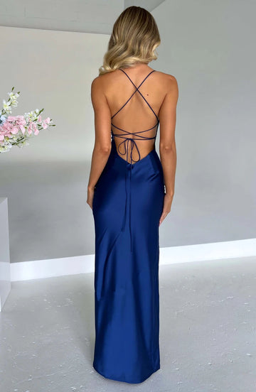 New women's high slit backless satin strap suspender sexy long dress elegant satin smooth dance party evening dress