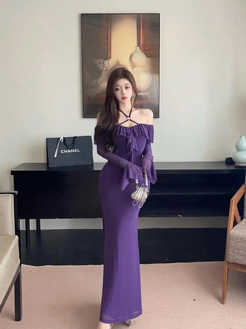 Autumn Purple Elegant Sexy Off Shoulder Halter Lace-up Backless Dress Women Long Sleeve Slim Ruffles Evening Party Dresses Trend