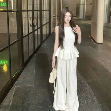 Pant Sets for Women 2 Pieces Ruffle New Matching Chic and Elegant Clothes Full Casual Luxury Promotion Wide Leg Trousers Woman