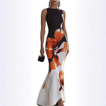 Elegant Long Printed Dress Sleeveless New Style Knee-Length round Neck Cross-Border Independent Station Dress for Women