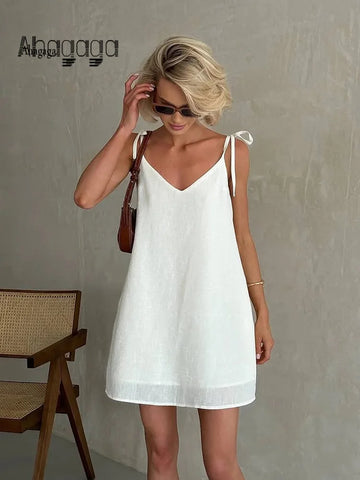 Ahagaga Fashion Women's Dresses Solid Straps Bandage Regular Causal V-Neck Sleeveless Summer Camisole Loose Sweet Femlae Vestido