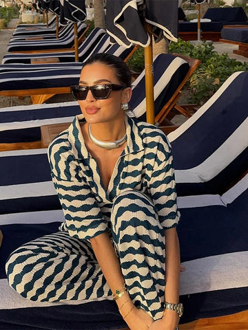 Stripe Pant Women's Suit Casual Laple Short Sleeve Tees Set Loose Waist Wide Leg Pants Female Set Summer Lady Street Outwears