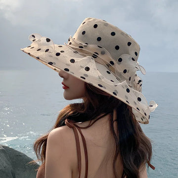 Unique Design Organza Sun Hats For Women Wide Brim Classic Black Polka Dots Bucket Hat Ladies Foldable Breathable Beach Caps