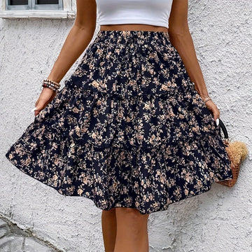 Women's Spliced Cake Skirt Fashionable Floral Print Elastic Waist Strap Versatile Casual Skirts Comfortable knee-length skirt