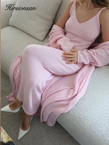 Hirsionsan Soft Loose Sets Women Three Pieces Long Sleeve Cardigan & Sexy Vest Dresses Elegant Female Hollow Outfits Tracksuit