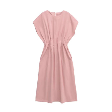 ETJ 2025 summer new TRAF women's ZW series fashion pleated design wide shoulder waist short-sleeved MIDI dress