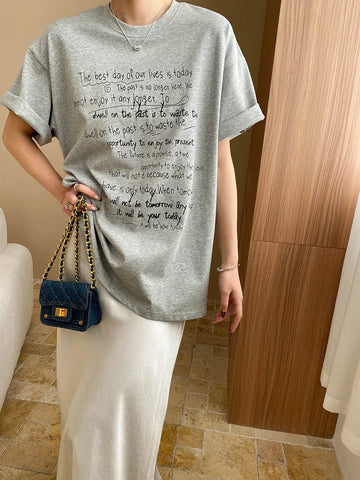 Spring and summer women's casual letter printed round neck short sleeved loose T-shirt