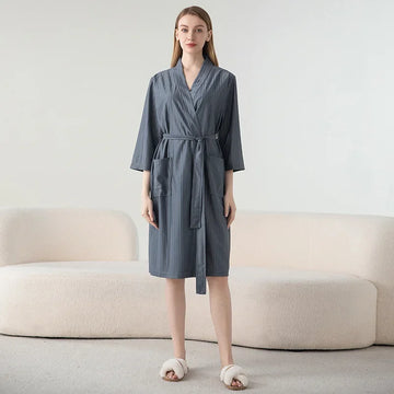 Summer Waffle Transparent Bathrobe Women Thin Robe Shower Plaid Dressing Gown Knee Length Breathable Nightgown Home Cloth
