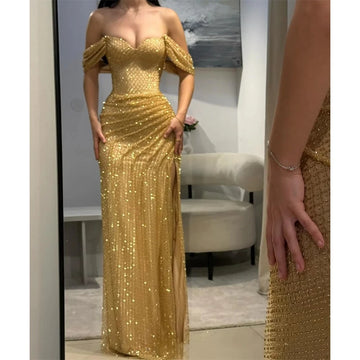 Luxury Sequins Sweetheart Neck Mermaid Prom Dress Side Split Sleeveless vestidos de noiva Customized Floor-length Formal Evening