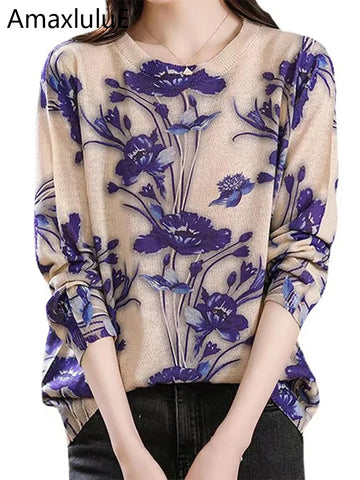 Amax luluE Summer Knitwear Womens Fashion Loose Printed Sweaters Ladies Luxury Leisure Floral Pullover Vintage Elegant Jumpers