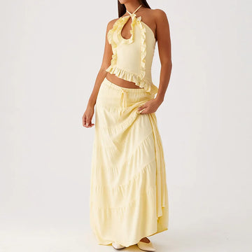 Maemukilabe Two Piece Maxi Skirt Sets for Women Y2k Backless Halter Tank Top Tiered Flowy Long Skirt Boho Vacation Outfits