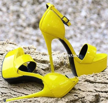 Charming Yellow Blue Red Patent Leather Stiletto Heel Sandals Open Toe One Straps High Platform Thin Heel Party Shoes Big Size