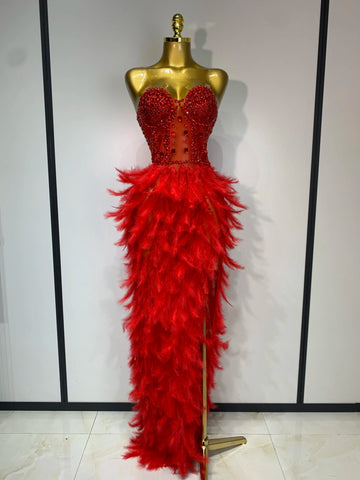 Sparkly Rhinestone Feather Mesh Long Dress Women Sexy Elegant Evening Party Luxury Birthday Photo Shoot Performance Costume