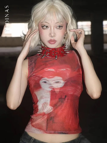 Yedinas Print Summer Mesh Tops Sheer Gothic Sleeveless Tshirts Tank Tops See Through Y2k Thin Tanks Vest Top Feminino Chic