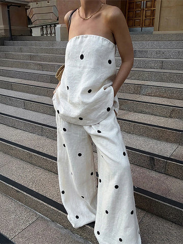 Casual Polka Dot Tube Top Pant Woman's Set Loose Backless Slit Tops Wide Leg High Waist Pants Sets Female Chic Holiday Outfit