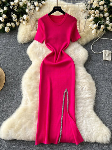 SINGREINY Senior Luxury Slim Dress Ladies O-Neck Bodycon Sequins Split Chic Design Summer Fashion Knitted Women Sexy Midi Dress