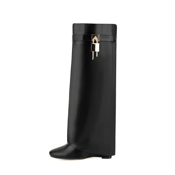 Lock Metal Buckle Women Knee High Boots Wedges Shoes For Woman Punk Style Round Toe Zipper Cowboy Boots Trend 2025 Female Shoes
