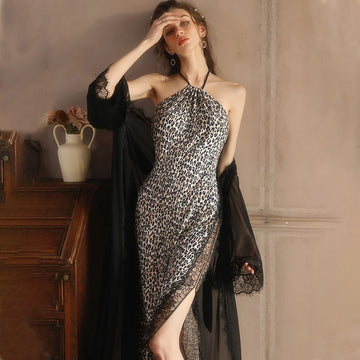 Fashion Leopard Print Neck Hanging Nightgown for Women Sexy Lace Backless Slit Sleepwear Luxury Nightgown Set Sexy Nightdress