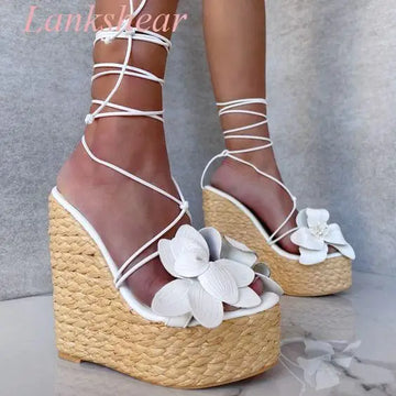 2025 New Arrival Women's Ivory Beach Sandals Floral Embellished Ankle Lace Up Strappy Platform Wedge Heels Open Toe Sandals