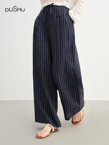DUSHU Women's Lazy Style Straight Wide-leg Pants 2025 Summer New Striped Versatile High Waist Casual Pants 25DS82754