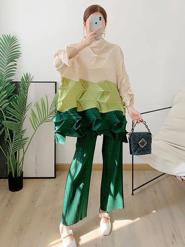Miyake Diamond Pleated Two Piece Set Women Winter Outfits Elegant Causal Batwing Long Sleeve Three Colour Tos Straight Pants