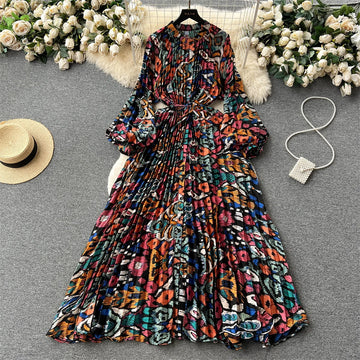 Retro Print Elegant Pleated Lantern Long Sleeve O Neck Single Breasted Dress A-line Casual High Waist Women Summer Dresses