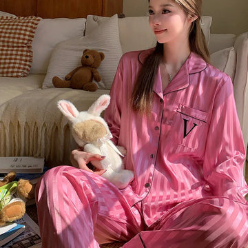 2025 New Women's Striped Ice Snow Silk Pajamas Homewear Sets Couple Premium Feeling Silk Casual Pajamas Homewear Sets for Women