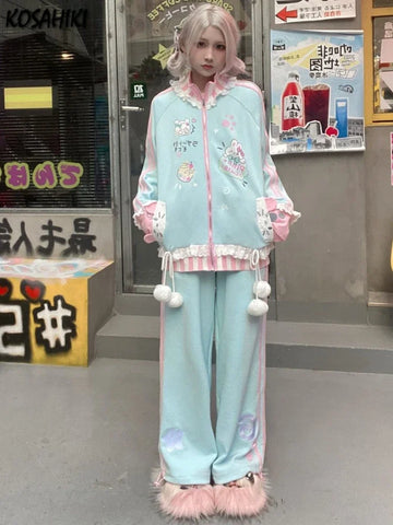 Japanese Streetwear Outfits 2025 Casual Fashion Cartoon Hoodies +Wide Leg Pants Female Japanese Harajuku Suit Y2k Two Piece Sets