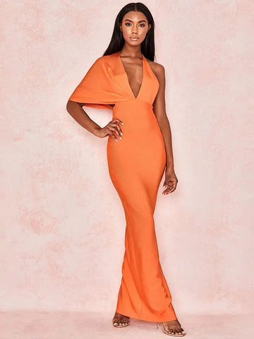 BEAUKEY Luxury Evening Orange HLBandage Dress Drape Maxi XL Asymmetric Sleeve Deep V Neck Sexy Party Stretchy Bodycon Dress