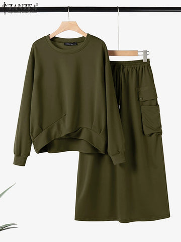 2025 ZANZEA Winter Women Long Sleeve Hoodies Tops Sundress Autumn Sweatshirts Dress Sets Spring 2pcs Outfits OL Matching Sets
