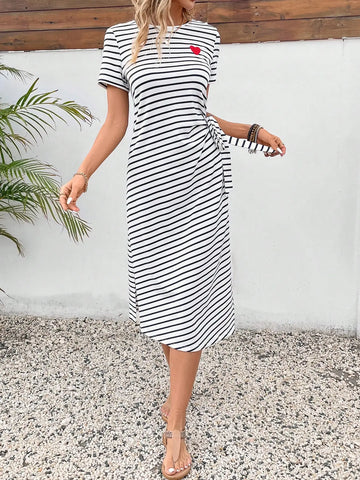 Women's love embroidery round neck smart casual slim striped side slit short sleeve spring and summer dress