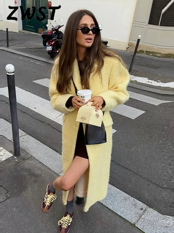 Elegant Lamb Wool Solid Women Maxi Coat Thicken Full Sleeve Lady Outwear 2024 Fashion Autumn Lapel Single Breasted Female Jacket