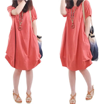 Women's Clothing Solid Color Dresses Casual Loose Round Neck Summer Short Sleeve Pockets A-Line Commute All-match Midi Dress New