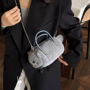 New Designer Cat Cross bag Small Cute Fluffy Fur Simulated Cat Bag Casual Zipper Women's Handbag for Girls