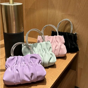Rhinestone Portable Shoulder Bag Female 2023 Summer New Ladies Party Pleated Cloud Chain Crossbody Bag Solid Color Evening Bags