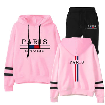 New Trend Ladies Autumn Winter Tracksuit Hooded Sweatshirt Black Sweatpants Fashion Paris Printed Hoodie 2pcs Set Women's Outfit
